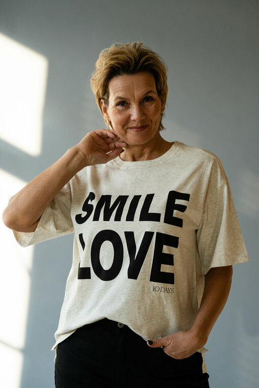 Statement Shirt  "SALLY" SMILE & LOVE soft white melee (10D55)